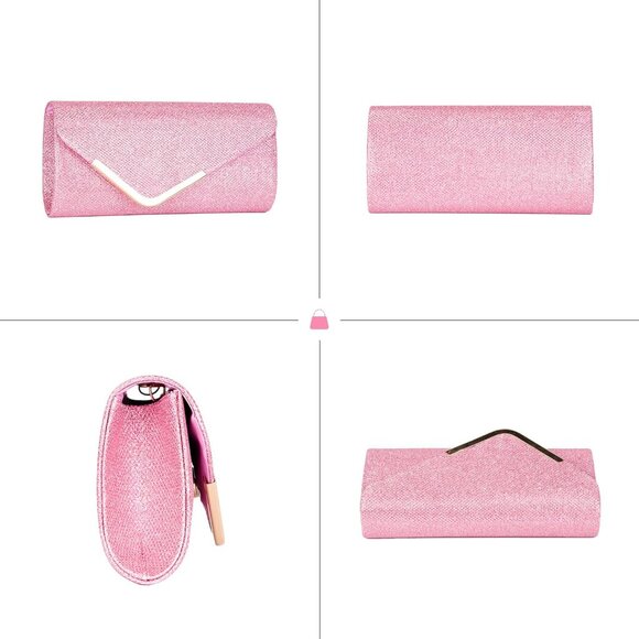 Women's Pink Shiny Sequin Envelope Clutch Evening Bag With Chain Fashion Sparkly - Picture 6 of 7